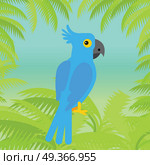 Blue macaw flat design vector. Wild rare amazonian bird. Exotic parrot sitting in palm trees brunches. Tropical fauna species. For nature concepts, children s books illustrating, printing materials. Blue Macaw Parrot Vector Flat Design Illustration. Blue Macaw Parrot Vector Flat Design Illustration. Стоковая иллюстрация, агентство Ingram Publishing / Фотобанк Лори