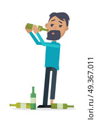 Man with Bottle of Wine Isolated on White. Vector. Man with bottle of wine isolated on white. A lot of empty bottles on the floor. Drunk boy with alcohol. Alcohol addicted person with bottles of beer. Alcoholism. Vector illustration in flat style. Стоковая иллюстрация, агентство Ingram Publishing / Фотобанк Лори