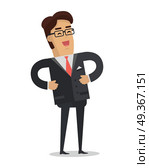 Merry businessman vector. Flat design. Man character in business suit and glasses standing and laughing. Happiness and good mood concept. For humor and people emotions concepts. Isolated on white. Laughing Businessman Vector in Flat Design. Laughing Businessman Vector in Flat Design. Стоковая иллюстрация, агентство Ingram Publishing / Фотобанк Лори
