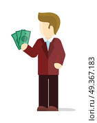 Croupier vector illustration. Flat design. Man character in red suit standing with dollar bills in hand. Winning at casino. Good stake in gambling. Lucky gambler. For gambling services ad. On white . Croupier Vector Illustration in Flat Design. Croupier Vector Illustration in Flat Design. Стоковая иллюстрация, агентство Ingram Publishing / Фотобанк Лори