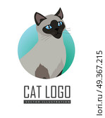 Siamese cat Vector Flat Design Illustration. Siamese cat breed. Cute grey cat seating flat vector illustration isolated on white background. Purebred pet. Domestic friend and companion animal. For pet shop ad, animalistic hobby concept, breeding. Стоковая иллюстрация, агентство Ingram Publishing / Фотобанк Лори