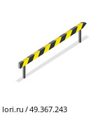 Road Construction, Roadblock Sign. Isometric road construction, roadblock sign. Yellow and black warning sign with shadow. Yellow and black striped traffic road sign. City isometric object in flat. Drive safety. Стоковая иллюстрация, агентство Ingram Publishing / Фотобанк Лори