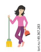 Worker of Cleaning Company with Dustpan and Broom.. Woman member of the cleaner service staff with dustpan and broom. Worker of cleaning company. Successful cleaning business company. Lady housekeeper isolated on white. Vector illustration. Стоковая иллюстрация, агентство Ingram Publishing / Фотобанк Лори