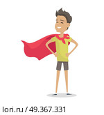 Young Boy in Superman Pose Wearing a Red Cloak.. Young boy in superman pose wearing a red cloak. Boy with green T-shirt and gray shorts and red cloak. Smiling boy personage in flat design isolated on white background. Vector illustration. Стоковая иллюстрация, агентство Ingram Publishing / Фотобанк Лори