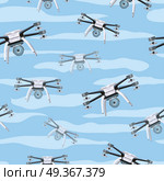 Flying drones seamless pattern vector. Flat design. Drones with four propellers and mounted camera maneuvering in the sky. Modern technology. For wrapping paper, printing on fabric, web pages design. Flying Drones Seamless Pattern Vector Illustration. Flying Drones Seamless Pattern Vector Illustration. Стоковая иллюстрация, агентство Ingram Publishing / Фотобанк Лори
