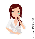 Girl Making Make up with Eyelash Curlers. Vector. Girl making make up with eyelash curlers. Twist mascara. Professional favourite makeup tool that keeps lashes looking long and full. Part of series of ladies face care. Vector illustration. Стоковая иллюстрация, агентство Ingram Publishing / Фотобанк Лори