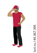 Cartoon Icon Referee in Red and Black Uniform. Cartoon soccer referee in black and red uniform and red hat rising hand. Speaking into lip-ribbon microphone. Main referee. Judging the competition. Football match. Flat referee icon. Football logo. Стоковая иллюстрация, агентство Ingram Publishing / Фотобанк Лори