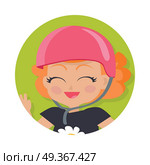 Smiling Girl in Pink Helmet. Simple Cartoon Style. Illustration of isolated girl with short wavy red hair. Portrait of nice female person in dark t-shirt and round pink helmet. Flush on face. Simple cartoon style. Front view. Flat design. Vector. Стоковая иллюстрация, агентство Ingram Publishing / Фотобанк Лори