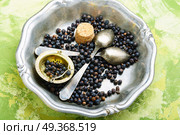 Pile of dry juniper berries. Pile of dry juniper berries prepared for healing teas and extracts. Стоковое фото, агентство Ingram Publishing / Фотобанк Лори