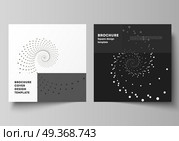 The minimal vector illustration of editable layout of two square format covers design templates for brochure, flyer, magazine. Geometric technology background. Abstract monochrome vortex trail.. The minimal vector illustration of editable layout of two square format covers design templates for brochure, flyer, magazine. Geometric technology background. Abstract monochrome vortex trail. Стоковая иллюстрация, агентство Ingram Publishing / Фотобанк Лори