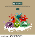Bacteria Flat Cartoon Vector Web Banner. Bacteria web banner. Group of funny colorful microbes cartoon characters vector illustrations. Smiling and scary virus, pathogen cell, germ, parasite. For medical, hygienic, science web page design. Стоковая иллюстрация, агентство Ingram Publishing / Фотобанк Лори
