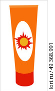 Sunscreen Cream Bottle. Sun cream tube in flat. Solar defence. Sun cosmetic. Orange plastic tube for sun block. Sunscreen cream bottle. Product for body and skin care, beauty, health, freshness, youth, hygiene. Стоковая иллюстрация, агентство Ingram Publishing / Фотобанк Лори