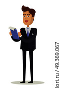 Journalist character vector. Cartoon in flat style design. Smiling man in business suite takes notes in notepad.  Illustration for business concepts, icons, infographics. Isolated on white background.. Man Character Vector Illustration in Flat Design. Стоковая иллюстрация, агентство Ingram Publishing / Фотобанк Лори