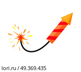 Inflamed firework rocket isolated on white background. Kind of pyrotechnics with red stripes and yellow nose in triangular shape in cartoon design. Flat vector icon of holiday bright equipment. Broken-winded Firework Rocket Isolated on White. Стоковая иллюстрация, агентство Ingram Publishing / Фотобанк Лори