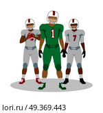 American football. Football players with ball in hands in equipment and helmet. White and green football equipment. Sport team game. Cartoon icons of football players. American football sign. Vector. American Football Players in Equipment with Ball. Стоковая иллюстрация, агентство Ingram Publishing / Фотобанк Лори