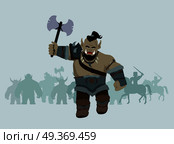 Game object of orc with axe. Orc warrior with steel axe and armors in front. Stylized fantasy characters. Game object in flat design on blue game background. Vector illustration.. Game Object of Orc. Стоковая иллюстрация, агентство Ingram Publishing / Фотобанк Лори
