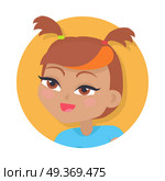 Girl with two red pigtails and forelock. Bright line on forelock. Portrait of nice female person with hazel eyes. Blue t-shirt. Cartoon style in flat design. Kindergarten lady avatar userpic. Vector. Smiling Girl with Two Red Pigtails. Blue Blouse. Стоковая иллюстрация, агентство Ingram Publishing / Фотобанк Лори