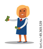 Female character with bundle of money vector. Flat style design. Blonde smiling woman in blue strict dress standing and holding dollar banknotes. investment, wages, income, credit, savings concept.. Woman Character With Money Vector Illustration. Стоковая иллюстрация, агентство Ingram Publishing / Фотобанк Лори