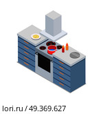 Four-burners cooker isolated. At restaurant kitchen. Isometric 3d. Process of meal preparing. Sauce bottles and tray are on workplace. Modern cooking appliance. Flat style design. Vector illustration. Four-Burners Cooker Isolated At Restaurant Kitchen. Стоковая иллюстрация, агентство Ingram Publishing / Фотобанк Лори