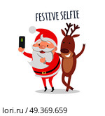 Festive Selfie. Santa makes festive selfie with reindeer. Cute photo with deer. Merry Christmas and happy New Year concept. Winter holiday illustration. Greeting card. Vector in flat style design. Santa Makes Festive Selfie with Reindeer. Vector. Стоковая иллюстрация, агентство Ingram Publishing / Фотобанк Лори
