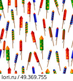 Seamless pattern of bright glossy exploding rockets endless texture on white. Illustration of colourful fireworks New Year decorations in cartoon style. Vector wrapping paper wallpaper design.. Seamless Pattern of Glossy Exploding Rockets. Стоковая иллюстрация, агентство Ingram Publishing / Фотобанк Лори