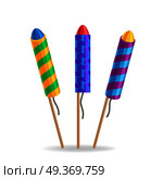Colourful exploding red, green and blue rockets isolated on white background in cartoon style flat design. Collection of fireworks an New Year attributes decorations. Vector illustration of salute. Colourful Exploding Rockets Isolated on White Background. Стоковая иллюстрация, агентство Ingram Publishing / Фотобанк Лори