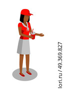 Street food seller isolated. Woman in red and white uniform sales cola. Cartoon character with refreshment drink. Concept illustration for street food consumption. Fast food. Vector in flat design. Woman in Red and White Uniform Sales Cola. Vector. Стоковая иллюстрация, агентство Ingram Publishing / Фотобанк Лори