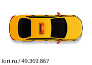 Taxi car top view icon. Yellow taxicab sedan with checker top light box on roof flat style vector illustration isolated on white background. For taxi service app, transport company ad, infographics . Taxi Car Top View Flat Style Vector Icon. Стоковая иллюстрация, агентство Ingram Publishing / Фотобанк Лори