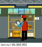 Logistician checks the cargo deivering. Manager controls goods delivering to designated place. Equipment delivery process of warehouse. Loader man. Business delivery of cargo. Vector. Logistician Manager Checks the Cargo Deivering. Стоковая иллюстрация, агентство Ingram Publishing / Фотобанк Лори