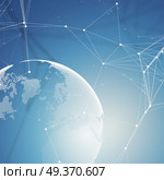 World globe on blue background with connecting lines and dots, polygonal linear texture. Global network connections, abstract futuristic geometric design, dig data technology digital concept. World globe on blue background with connecting lines and dots, polygonal linear texture. Global network connections, abstract futuristic geometric design, dig data technology digital concept. Стоковая иллюстрация, агентство Ingram Publishing / Фотобанк Лори