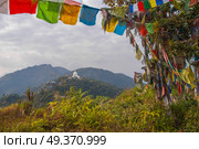 Many colorful waving prayer flags suspended between trees. Стоковое фото, агентство Ingram Publishing / Фотобанк Лори