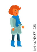 Surprised girl in warm winter clothes isolated on white in cartoon style. Vector icon of female small kid with red short hair in blue scarf and boots, light sheepskin coat and jeans with weird look. Surprised Girl in Warm Winter Clothes Isolated. Стоковая иллюстрация, агентство Ingram Publishing / Фотобанк Лори