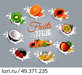 Fruits and milk colourful inscription in the center on grey background. Vector illustration in flat design of green kiwi, tasty orange, deicious coconut, sweet banana, strawberries and blueberries. Fruits and Milk Inscription in Center on Grey. Стоковая иллюстрация, агентство Ingram Publishing / Фотобанк Лори