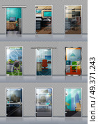 Transparent door set in checkered wall with view on study objects. Vector poster of glass doors and chairs, tables, computers, sofas, windows and other office equipments viewable through doors. Transparent Door Set with View on Study Objects. Стоковая иллюстрация, агентство Ingram Publishing / Фотобанк Лори