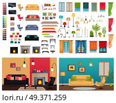 Modern interiors of two different comfortable flats. Vector illustration of various furniture and decoration items. You can choose sofas with cushions, lighting devices, types of chimneys and windows. Modern Interiors of Different Comfortable Flats. Стоковая иллюстрация, агентство Ingram Publishing / Фотобанк Лори