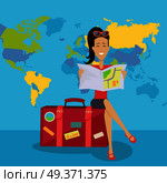 Smiling brunette woman seating on red suitcase and looking in road map. Woman on background of world map. Summer vacation concept. Traveling with baggage illustration. Flat style design.. Smiling Brunette Woman Seating on Suitcase. Стоковая иллюстрация, агентство Ingram Publishing / Фотобанк Лори