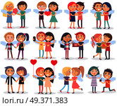 Couples on Valentine s Day on white background. Vector illustration of holiday celebration with giving presents to second half or spending time together. Various variants how celebrate boy and girl. Couples on Valentine s Day on White Background. Стоковая иллюстрация, агентство Ingram Publishing / Фотобанк Лори