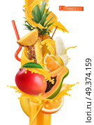 Splash of juice and sweet tropical fruits. Mango, banana, pineapple, papaya, orange. 3d realistic vector. Стоковая иллюстрация, агентство Ingram Publishing / Фотобанк Лори