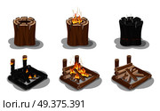 Campfire set isolated on white vector poster. Firewood put in square with and without flame, cleft stumps with fire or red sparks. Stages of making burning fire concept in flat realistic design.. Campfire Set Isolated on White Vector Poster. Стоковая иллюстрация, агентство Ingram Publishing / Фотобанк Лори