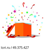 Open square gift box with bow and stars that pop-up out of it on white background. Present package with bursting elements, surprise inside. Celebrate holidays and exchange gifts isolated vector. Open Gift Box Illustration. Holiday Collection. Стоковая иллюстрация, агентство Ingram Publishing / Фотобанк Лори