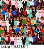 Family members standing in repeated long rows. Vector illustration of people poses for photos in wedding costumes, in festive caps celebrating child s Happy Birthday, with newborn and child on hands. Family Members Standing in Repeated Long Rows. Стоковая иллюстрация, агентство Ingram Publishing / Фотобанк Лори
