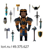 Fantasy knight character with cold weapons vector. Flat design. King personage in fairy bright armor and collection of armor, swords, axes, shields. hummer. Illustration for games industry concepts.. Fantasy Knight Character with Weapons Vector. Стоковая иллюстрация, агентство Ingram Publishing / Фотобанк Лори