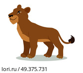 Lioness or lion cub cartoon character. Adult lion female flat vector isolated on white. African fauna. Wild animal illustration for zoo ad, nature concept, children book illustrating. Lioness or Lion Cub Cartoon Icon in Flat Design. Стоковая иллюстрация, агентство Ingram Publishing / Фотобанк Лори