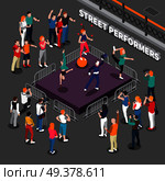 Street performers isometric composition including podium with pantomime actor, balancer on ball, acrobats and audience vector illustration. Street Performers Isometric Composition. Стоковая иллюстрация, агентство Ingram Publishing / Фотобанк Лори