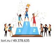 Winners woman retro cartoon composition of flat news reporters and sportswoman characters standing on medal stand vector illustration. Winners On Podium Composition. Стоковая иллюстрация, агентство Ingram Publishing / Фотобанк Лори