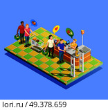 Isometric people shopping line composition of marketer human characters with trolleys carts and flat thought bubbles vector illustration. Supermarket Checkout Isometric Composition. Стоковая иллюстрация, агентство Ingram Publishing / Фотобанк Лори