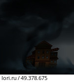 Tornado house composition with realistic image of cataclysm and accomodation unit under the convulsion of nature vector illustration. House Thrown Down Composition. Стоковая иллюстрация, агентство Ingram Publishing / Фотобанк Лори