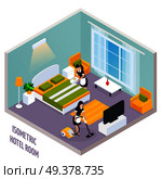 Colored isometric hotel room interior with walls and also there is a cleaning of the room vector illustration. Isometric Hotel Room Interior. Стоковая иллюстрация, агентство Ingram Publishing / Фотобанк Лори