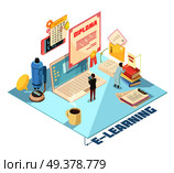 Online education isometric design with student near laptop, curriculum, tutorials, diploma, microscope on blue platform vector illustration . Online Education Isometric Design. Стоковая иллюстрация, агентство Ingram Publishing / Фотобанк Лори