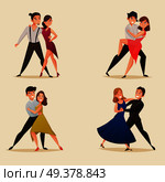 Dance pairs 4 retro cartoon icons set with waltz tango and salsa styles moves isolated vector illustration . Dance Pairs Retro Cartoon Set . Стоковая иллюстрация, агентство Ingram Publishing / Фотобанк Лори